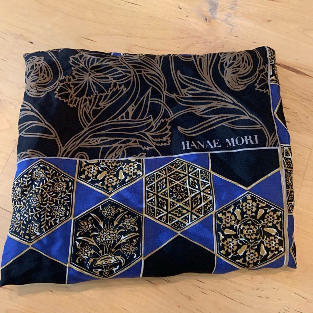 Vintage Hanae Mori black, blue, gold floral & geometric silk scarf GUC
